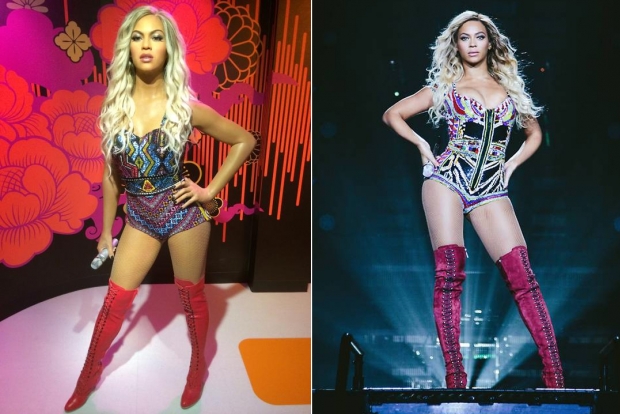 &Agrave; esq., est&aacute;tua de cera Madame Tussauds, em Singapura. &Agrave; dir., Beyonc&eacute; em Londres (Foto: Divulga&ccedil;&atilde;o)