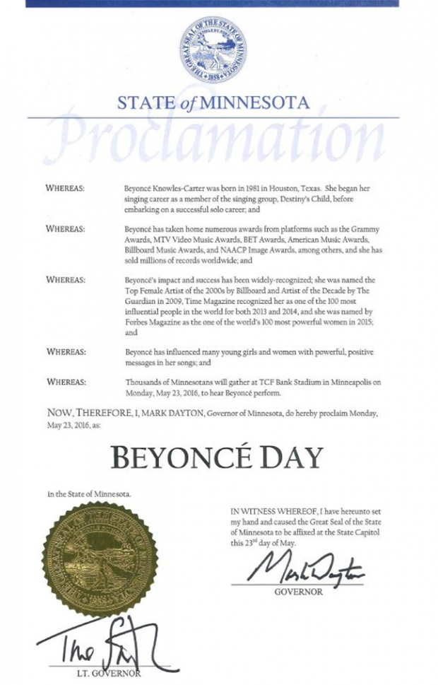 Documento declara 23 de maio de 2016 como o 'Beyoncé Day' em Minnesota (Foto: Reprodução)