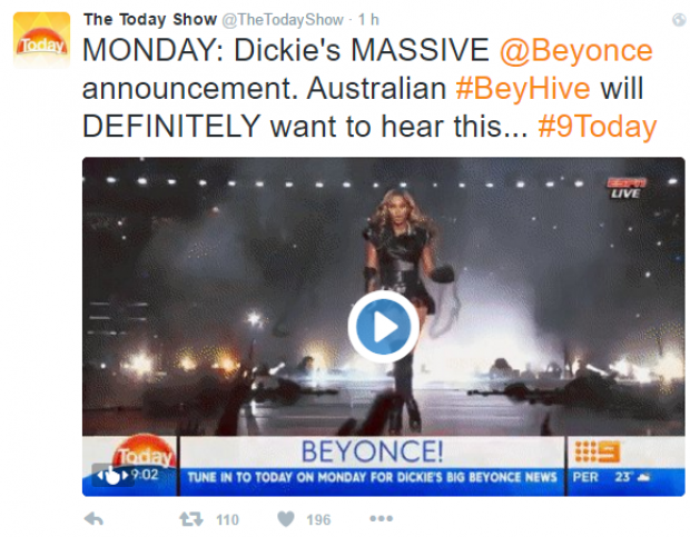 Tuíte do programa 'The Today Show' sobre anúncio de Beyoncé na Austrália (Foto: Reprodução)
