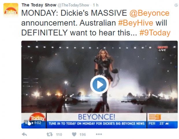 Tu&iacute;te do programa 'The Today Show' sobre an&uacute;ncio de Beyonc&eacute; na Austr&aacute;lia (Foto: Reprodu&ccedil;&atilde;o)