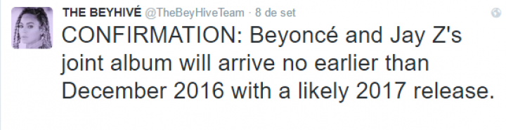 Tuíte sobre álbum conjunto de Beyoncé e Jay Z (Foto: Reprodução/Twitter)