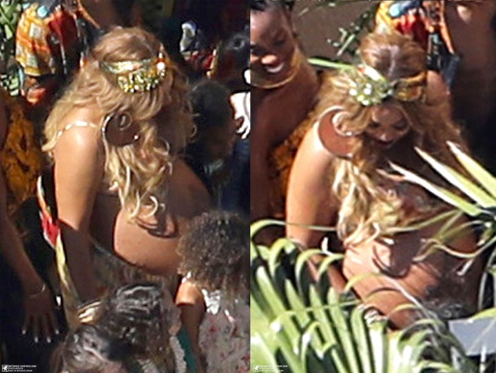 Beyoncé com a barriga de fora em sua 'Push Party' (Foto: Reprodução/Beyonce-Contour)