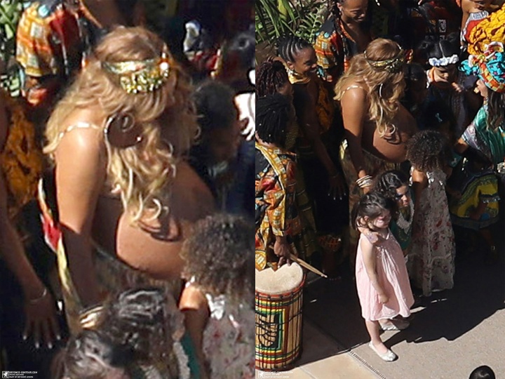 Beyoncé com a barriga de fora em sua 'Push Party' (Foto: Reprodução/Beyonce-Contour)