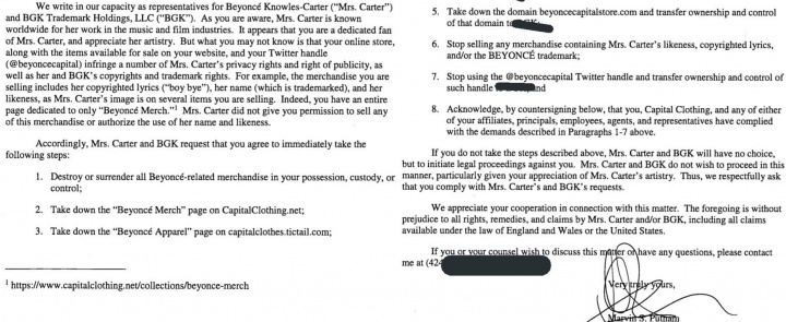 Nota dos advogados de Beyoncé ao site Beyonce Capital (Foto: Reprodução/Twitter)