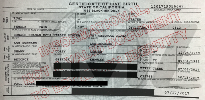 Certidão de nascimento de Rumi Carter (Foto: Reprodução/TMZ)