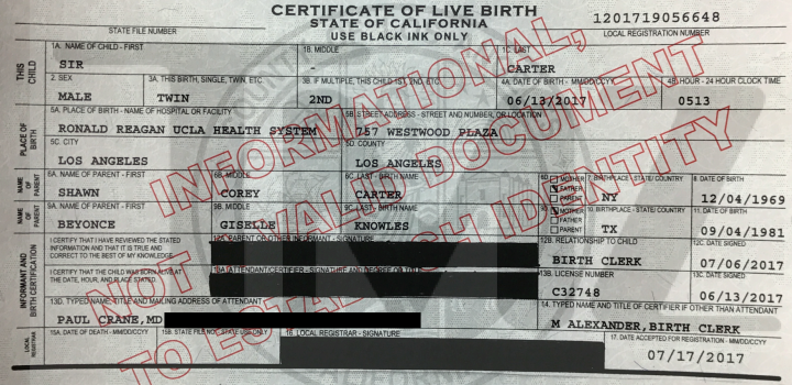 Certidão de nascimento de Sir Carter (Foto: Reprodução/TMZ)