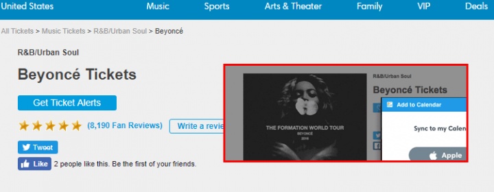 Página de Beyoncé não exibe mais foto promocional da 'Formation Tour' (Foto: Reprodução/Ticketmaster)
