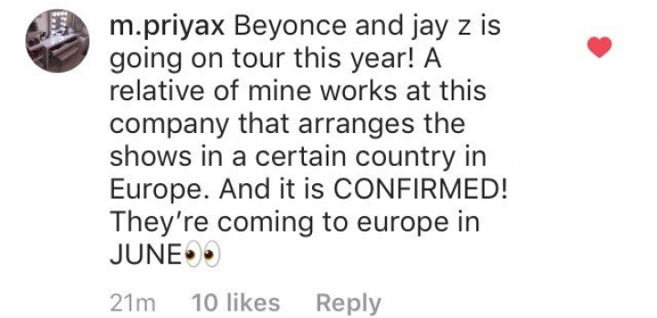 Tuíte sobre turnê de Beyoncé e Jay Z na Europa em junho de 2018 (Foto: Reprodução/Instagram)