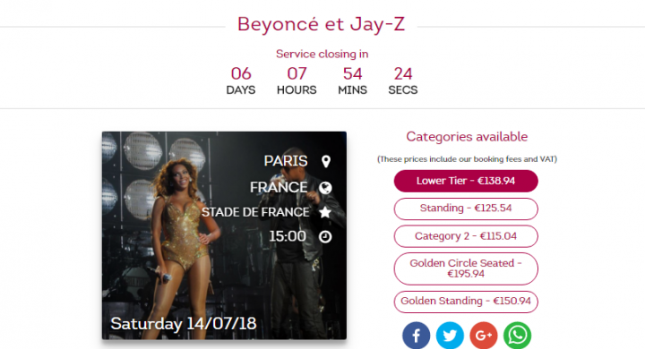 Site Live Booker mostra show de Beyoncé e Jay Z na França em julho de 2018 (Foto: Reprodução)