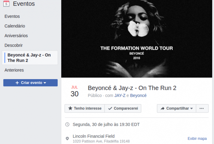 Facebook de Beyoncé faz evento para show da turnê conjunta com Jay Z (Foto: Reprodução)