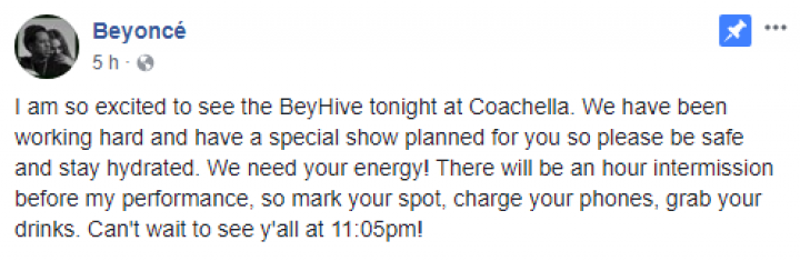 Mensagem de Beyoncé para fãs do Coachella (Foto: Reprodução/Facebook)