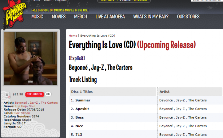 Loja faz pré-venda de 'Everything Is Love' (Foto: Reprodução)