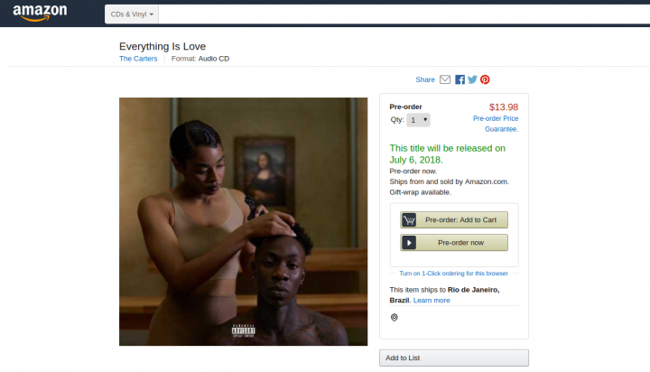 Pré-venda de 'Everything Is Love' na Amazon; lançamento em 6 de julho (Foto: Reprodução)