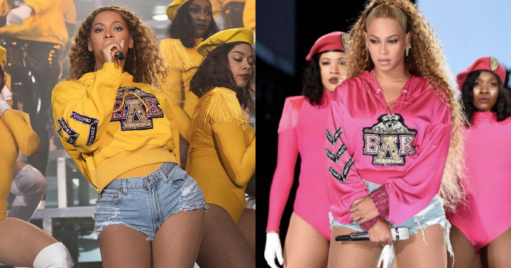 Beyoncé de amarelo no 1º show e de rosa no 2º show do Coachella em 2018 (Foto: Reprodução)