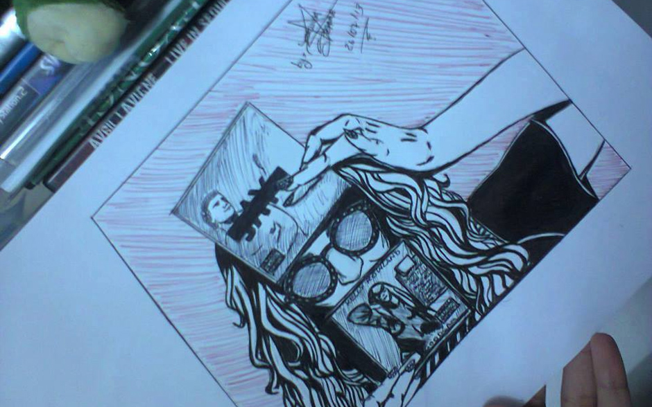 Desenho reproduz a foto real, onde Beyonc&eacute; segura os &aacute;lbuns de Kelly Rowland e Jay-Z.